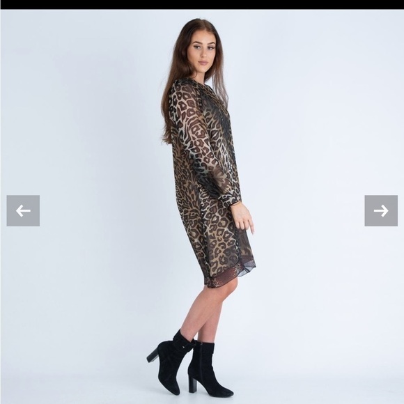 LUISA CERANO Leopard Silk Chiffon Dress Brown Cream Knee Length Shift Sz M - Picture 3 of 13